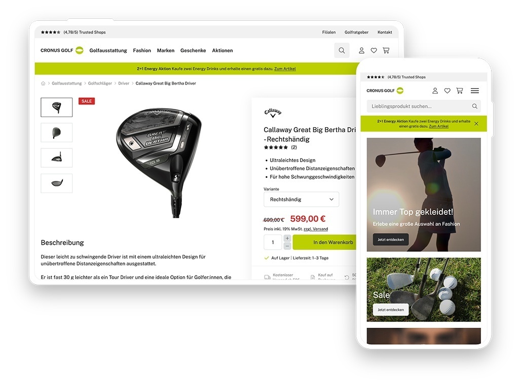 Bildschirmaufnahmen Endkundenwebshop CRONUS Golf